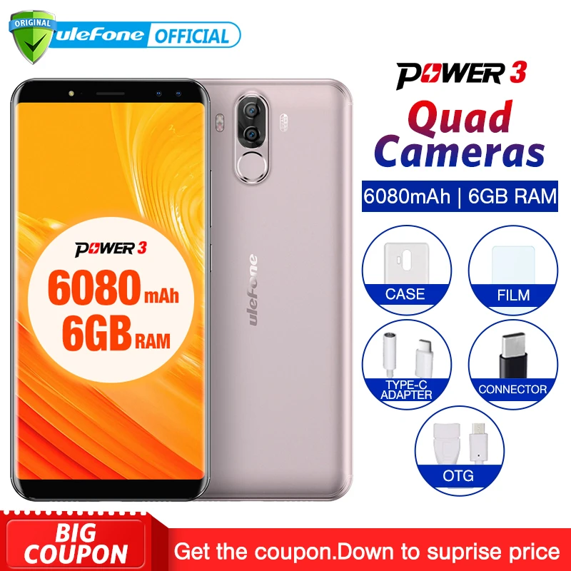 

Ulefone Power 3 6.0"18:9 Screen Mobile Phone Android 7.1 MT6763 Octa Core 6GB+64GB 21MP Quad Cameras 6080mAh Face ID Smartphone