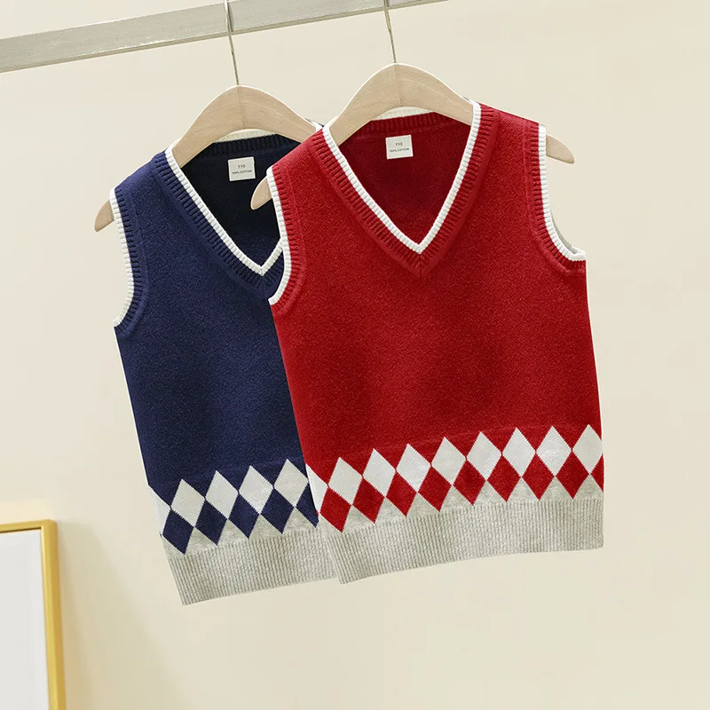 

Geometric Rhombus Knit Vest for Big Boys Autumn Preppy Style School Uniform Baby Girls Sleeveless Outerwear Knitted Sweater New