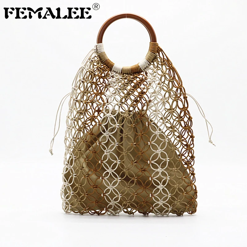 

FEMALEE New Bohemian Bags Hollow Beach Vacation Handbags 2019 Summer Wooden Handle Female Holiday Cross Weaving Net Bags Mujer