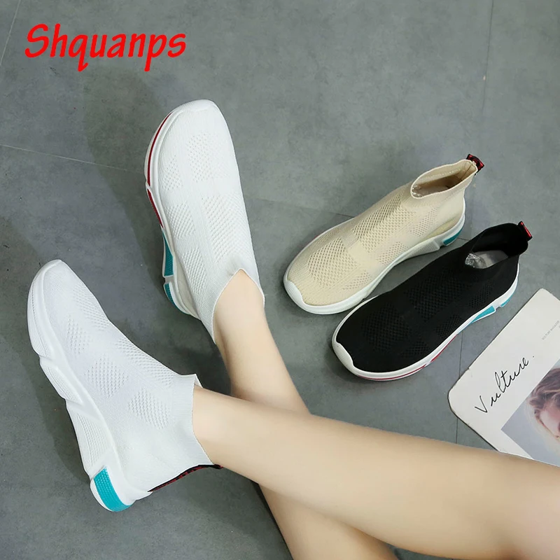 

Women High-top Shoes Breathable Luxury Brand Casual Sneakers Fly Weave Slip on Flats Sock Shoes Scarpe Donna Zapatos De Mujer