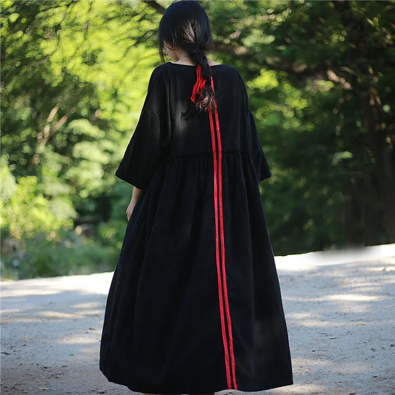 

ORIGOODS Women Autumn Long Dress Cotton and Linen Original Novelty Dress O-neck Solid Red Black White Dress Robe Femme D080