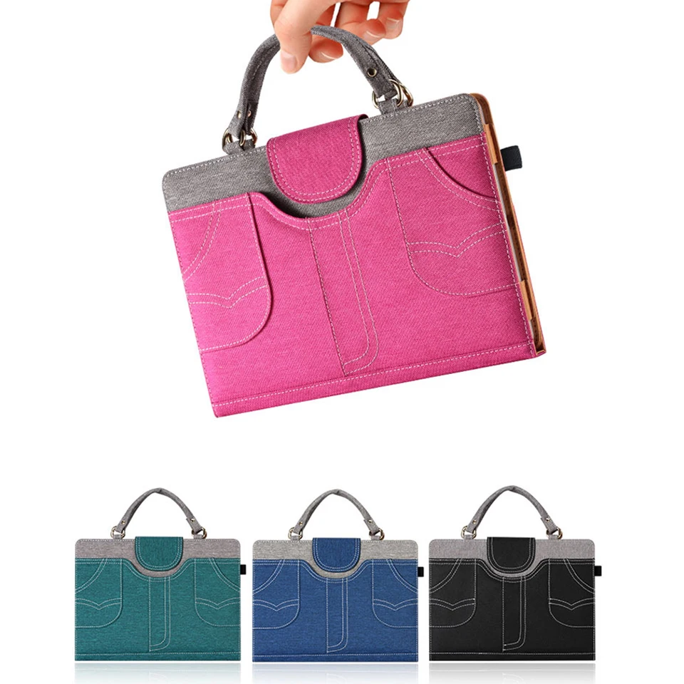 

For Ipad 234 Portable Handbag Leather Case Denim Clamshell Multi-Angle Support Mini Smart Flip Case