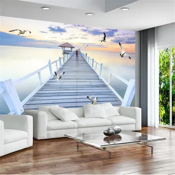 

custom 3d stereoscopic minimalist modern wallpaper room background wall mural contracted evening sea bridge seagulls wallpaper