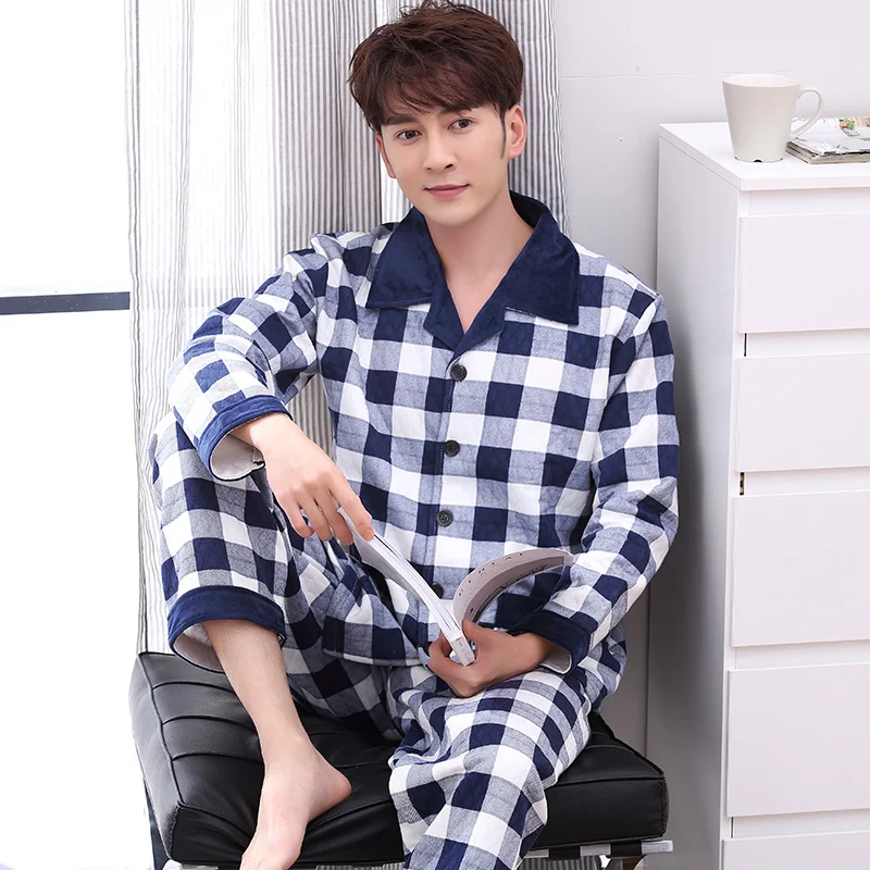 J & Q Новые пижамы Homme двойными бортами хлопковые De Hombre зимние мужские теплые Masculino