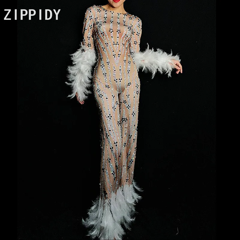 

Sparkly Rhinestones White Feather Spandex Jumpsuit Long Sleeves Bodysuit Big Leggings Birthday Party Nightlcub Singer Stage Wear