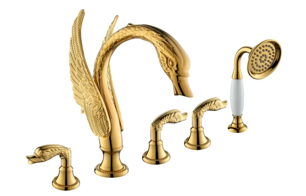 Five piece Golden Swan Bathtub Faucet Deck Mounted Bath Shower Set