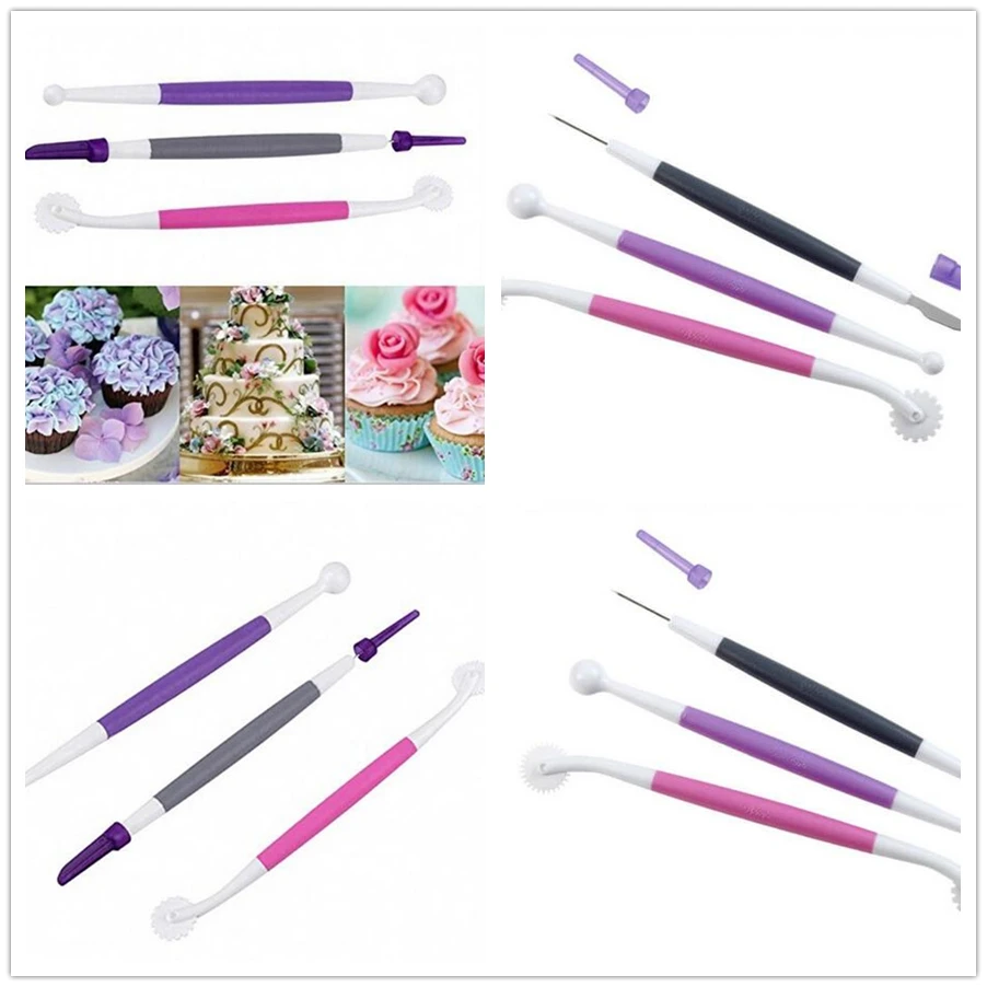 

3pcs Flower Modelling Cutting Wheel Tools Fondant Cake Sugarcraft Scriber Needle Kit Cutter Kitchen Baking Craft Set