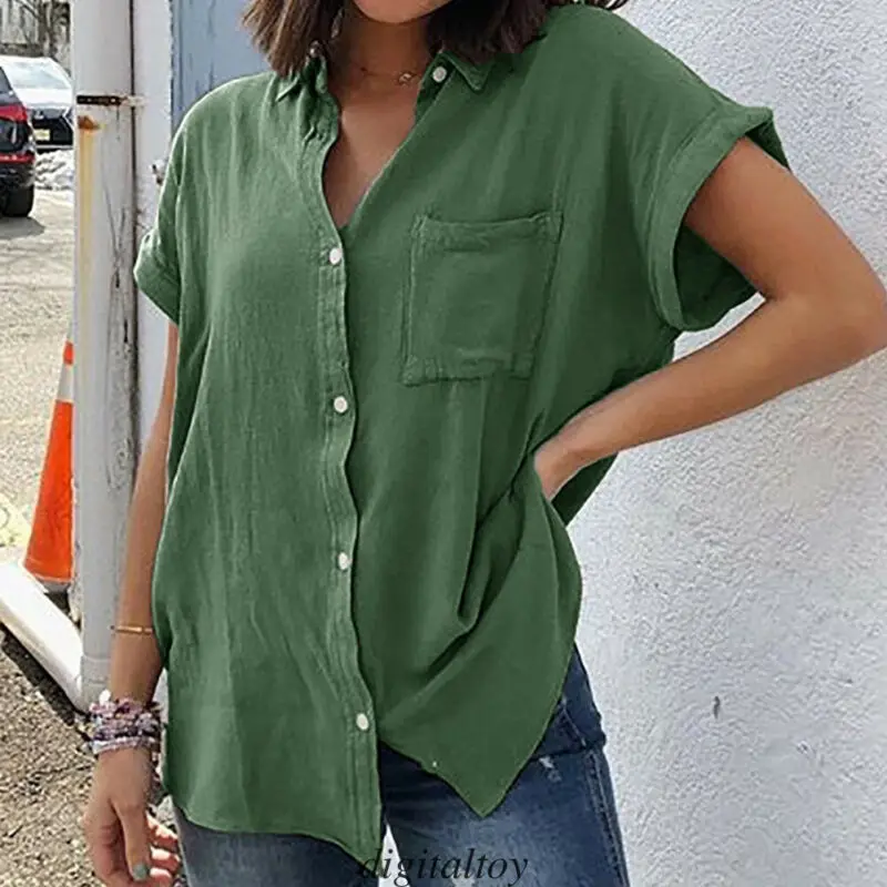 

Women Ladies Summer Turn Down Collar Short Sleeve Blouse Loose Casual Solid Blouse Shirt Tops 3XL