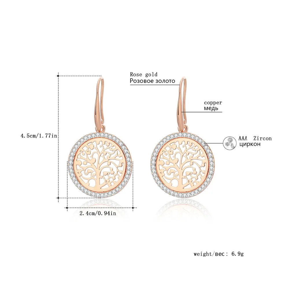 Золотые круглые висячие серьги «Древо жизни» для женщин, пустотелые медные серьги с кристаллами, новые модные серьги, ювелирные изделия, подарки