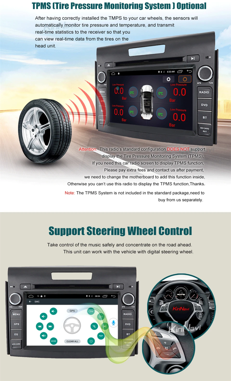 Perfect KiriNavi Octa core 4G LET android 7 touch screen car dvd player for honda crv multimedia system 2012+  gps support 4K 4G 6
