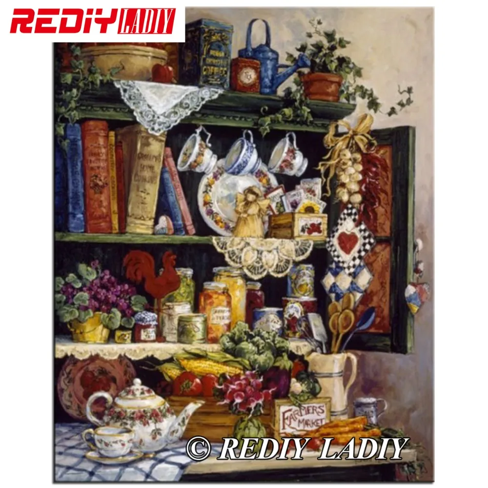 

REDIY LADIY Full Diamond Embroidery Still Life Picture of Rhinestones Cross-Stitch Kits Diamond Mosaic Painting Kitchen Decor
