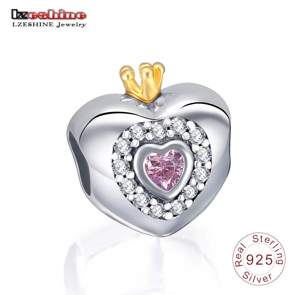 LZESHINE подлинные серебро 925 Подвески принцессы сердце розовый CZ подвески Fit браслет