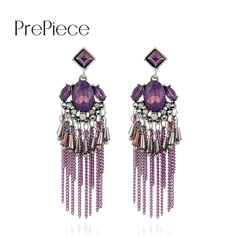Prepiece Fashion Purple Rhombic CZ Crystal Long Statement Earrings