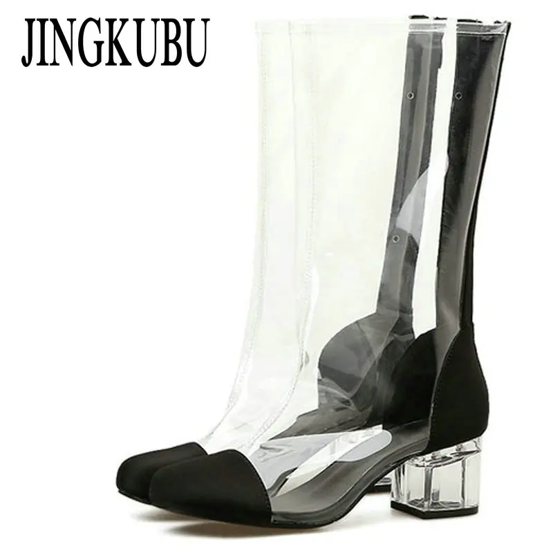

JINGKUBU Fashion Women Boots Round Toe crystal Heels High Heels Shoes Women Mid-calf Autumn Clear PVC Chelsea Transparent Boots