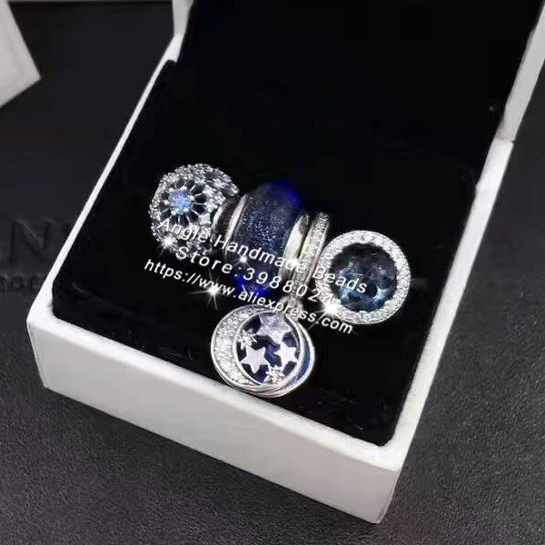 

4pcs Fashion S925 Silver Midnight Blue Sky Cz Dangle Charms Bead Jewelry Set Fit Bracelet Necklaces Jewelry Making Woman Gift