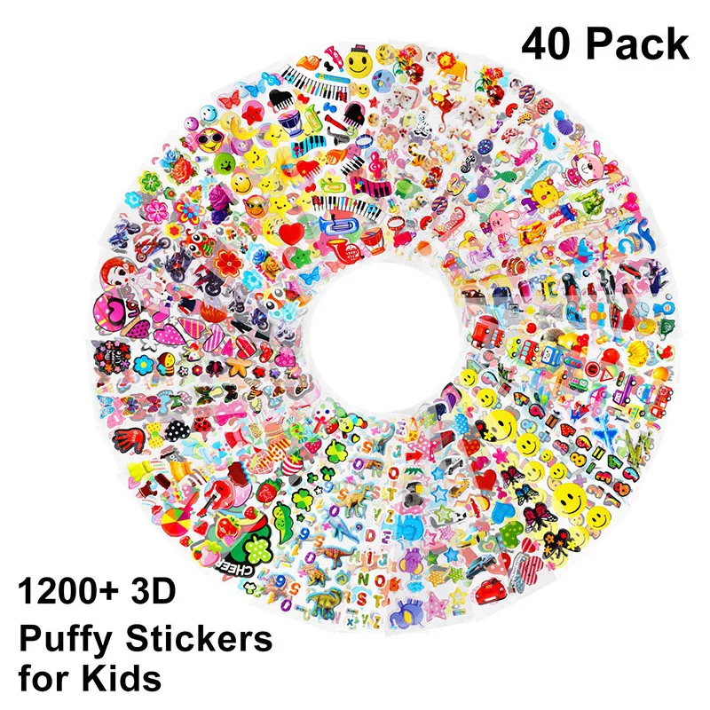 Kids Stickers 40 20 Different Sheets 3D Puffy Bulk Stickers for Girl Boy Birthday Gift Scrapbooking Teachers Animals Cartoon 2