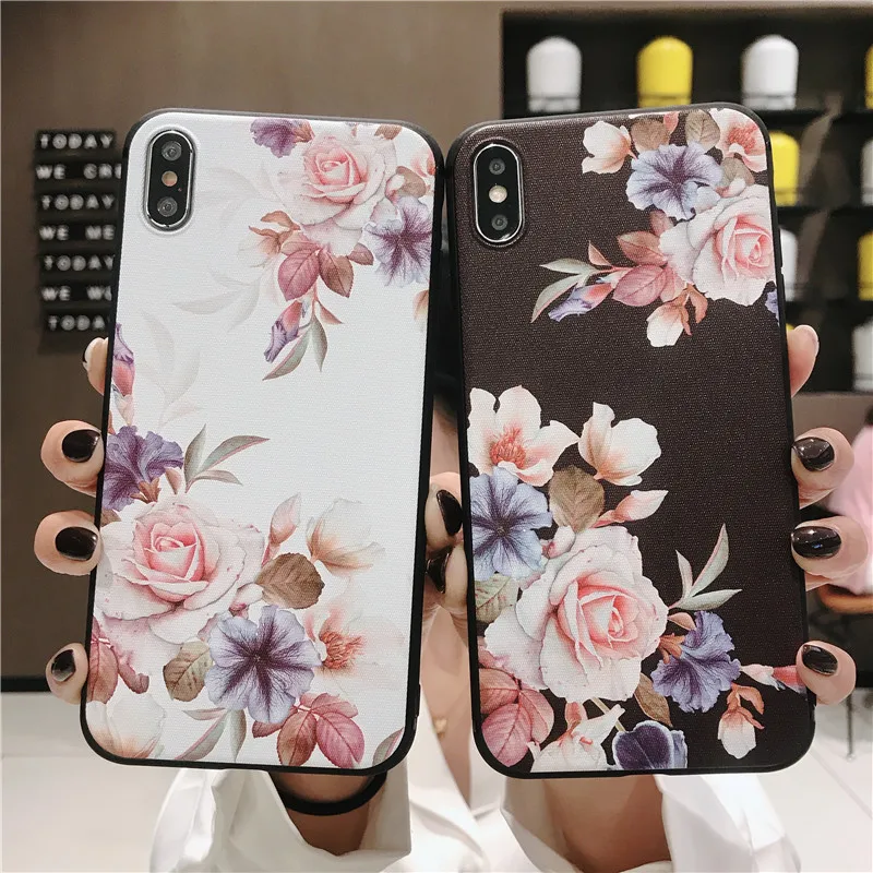 

For iPhone 7plus Case Cute Retro Flower Cover for iPhone 6 6S 7 8 Plus X XS Max XR 3D Emboss Cartoon Patterned Phone Case