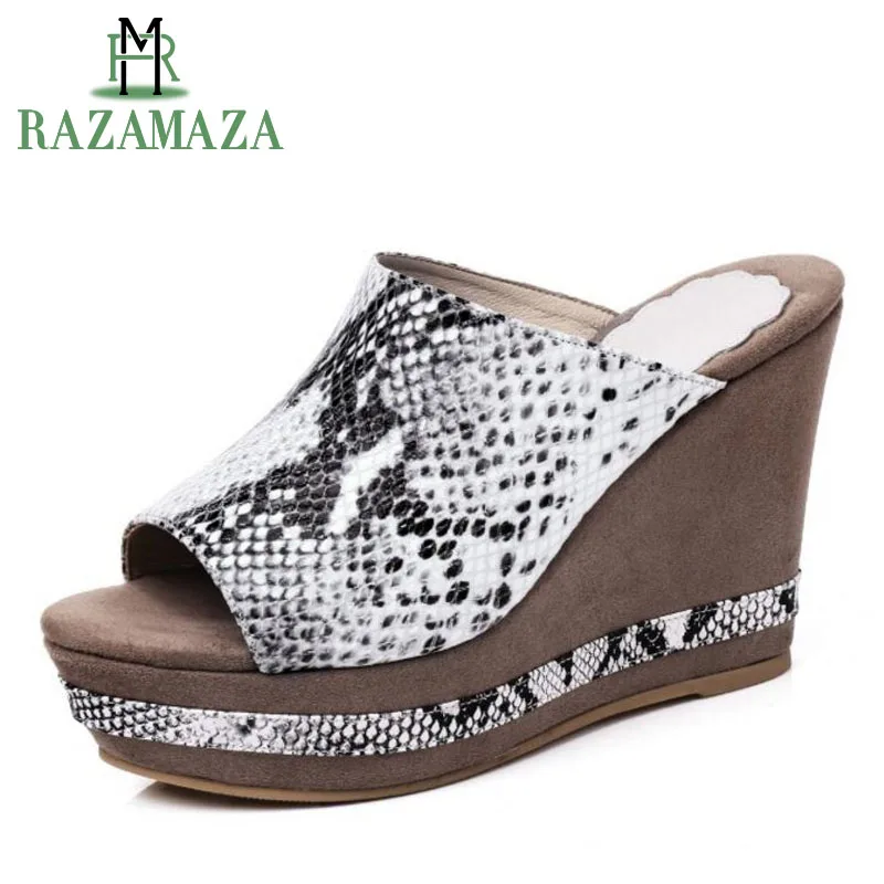 

RAZAMAZA Sexy Lady Wedge Sandals Peep Toe Snakes Skin Genuine Leather Soft Slip-on Platform Party Summer Shoes Women Size 34-39
