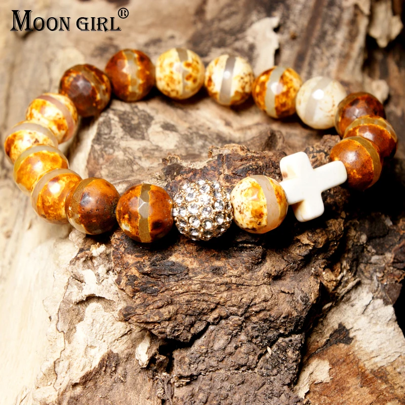 

MOON GIRL Stretchy 10MM Natural Stones Pave Ball Cross Elastic Bracelet Beaded Boho Chic Yoga Bracelets Femme Jewelry Dropship