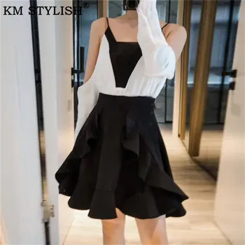 

2019 Spring/Summer New Sling Strapless Shirt + High Waist Ruffled Black Skirt Women's Fashion Set