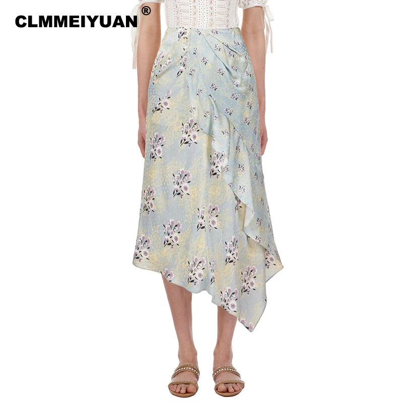 Летние Цветочный принт миди юбка женская брендовая модная оборками Длинные юбки для женщин элегантный пляжная Женская формальная обувь для неровный подол юбки Femme