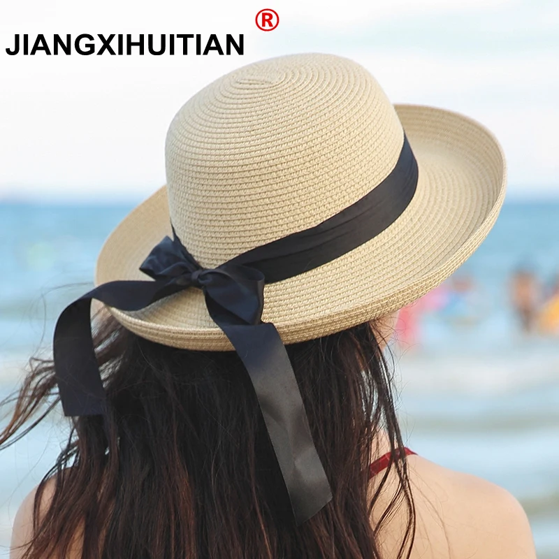 

2018 summer straw hat women big wide brim beach hat sun hat foldable sun block UV protection panama hat bone chapeu feminino
