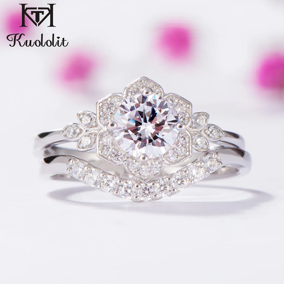 Kuolit 0.7ct кольца с муассанитом, набор для женщин, 925 пробы, серебряное кольцо, ювелирное изделие с бриллиантами, свадебный подарок для девочки - Цвет камня: Белый
