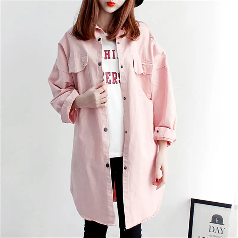 

2019 Spring Korean Hole Denim Shirt Jacket For Women Loose Casual Thin Jeans Windbreaker Light Coat Plus Size Outerwear Top f925