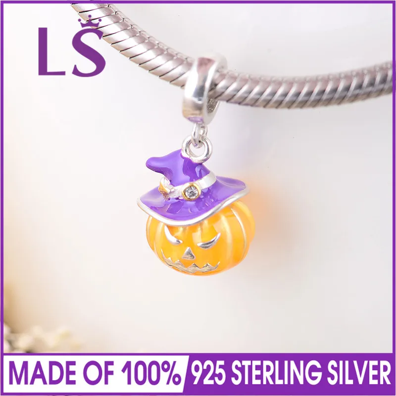 LS Висячие эмалированные Holloween тыквы 100% стерлингового серебра 925 Шарм Бусины