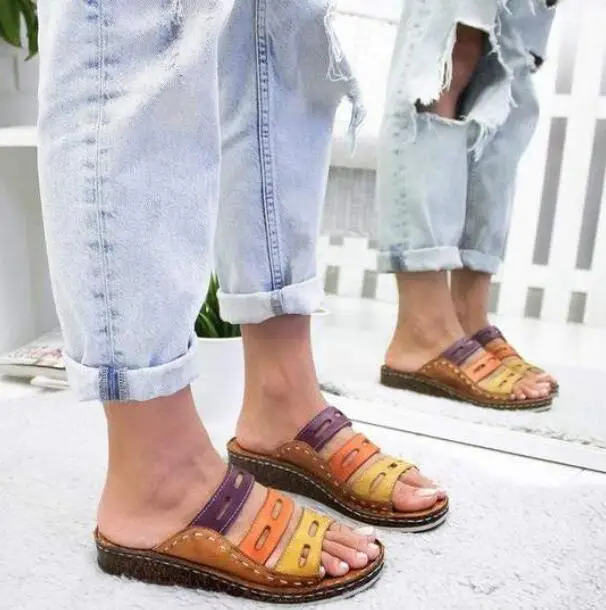 

Dropshipping Summer Women Lady Fashion Color Stitching Color Casual Low Wedge Heel Beach Open Peep Toe Sandals Slippers Shoes