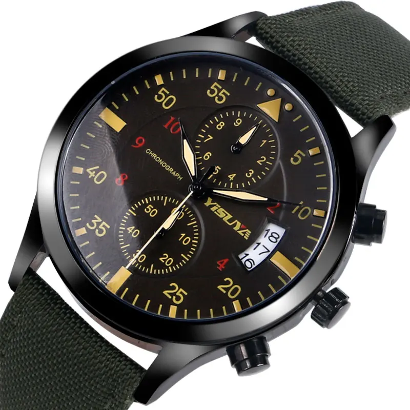 

New Arrival Chronograph Mens Army Green Nylon Strap Band Fashion Analog Day Date Casual Calendar Wrist Watch