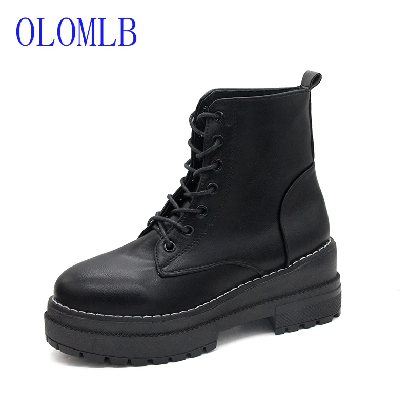 

OLOMLB 2019 Women Boots Lace Up waterproof non-slip Martin Boots Women Fur Platform Boots Brand Spring Autumn Women Shoes