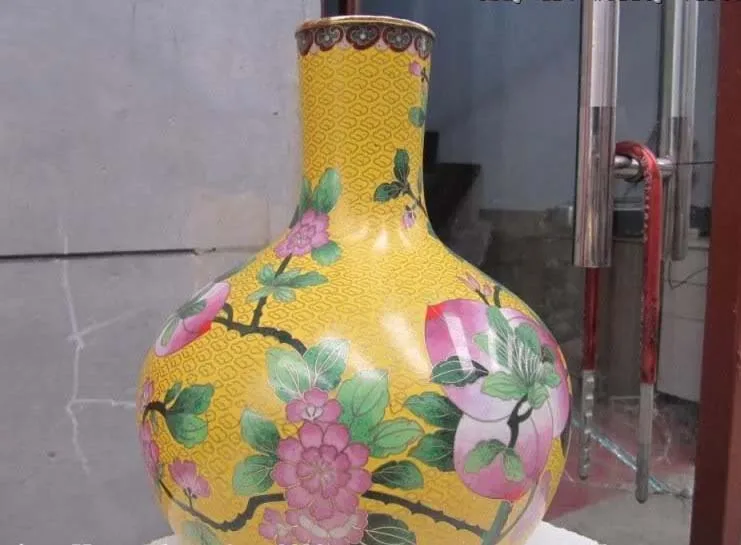 

10 inch Regius Palace exquisite Copper cloisonne enamel peach longevity Pot Vase