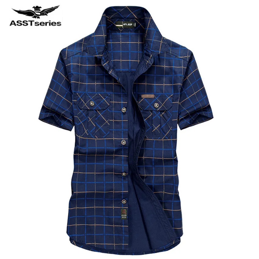 

Hot sale free shipping Summer new AFS jeep field jeep genuine men short sleeve youth male plaid shirt tide shirt Z77.5