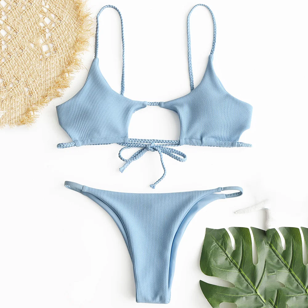 

ZAFUL Braided Ribbed Cutout Swimwear Bikini Knotted Padded Thong Bikini Set Women Swimsuit Solid Bathing Suit Brazilian Biquni