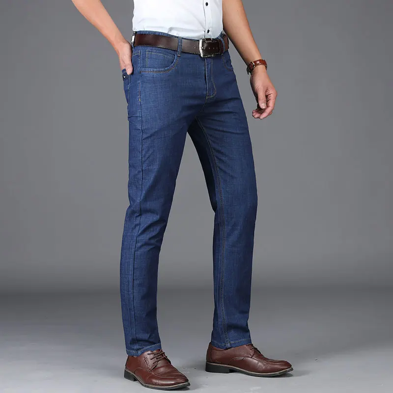 Мужские джинсы весна лето тонкие эластичные средняя талия прямые качественные джинсовые штаны Бизнес хлопок Мужские джинсы брендовая одежда брюки