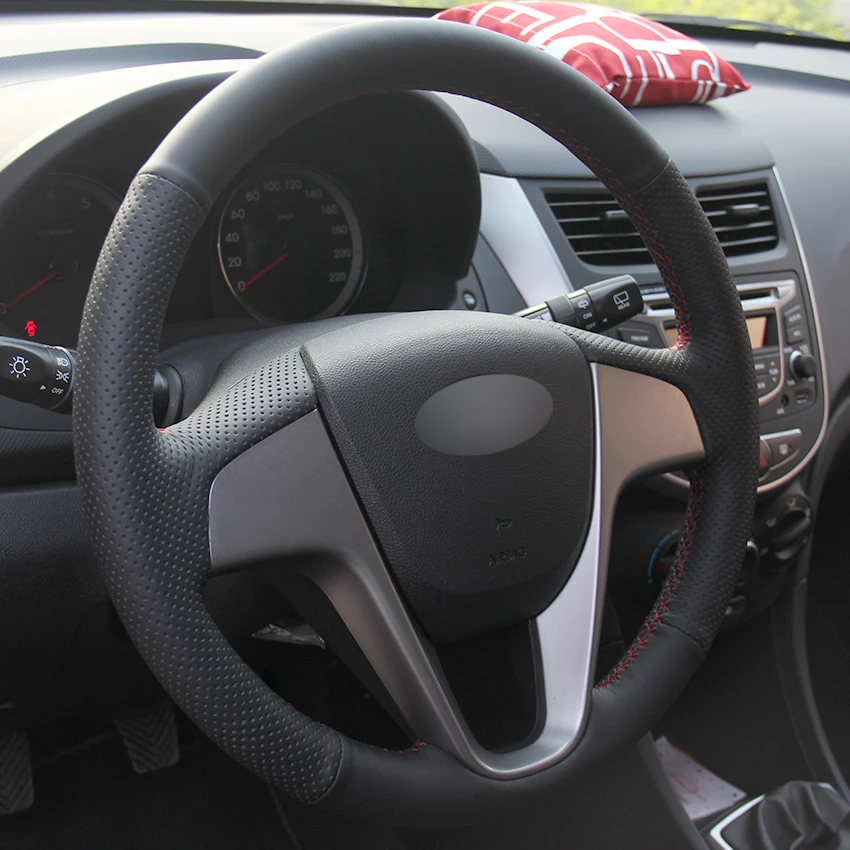 Черная крышка рулевого колеса из натуральной кожи для hyundai Solaris(RU) 2010- Verna 2010- i20 2009- Accent