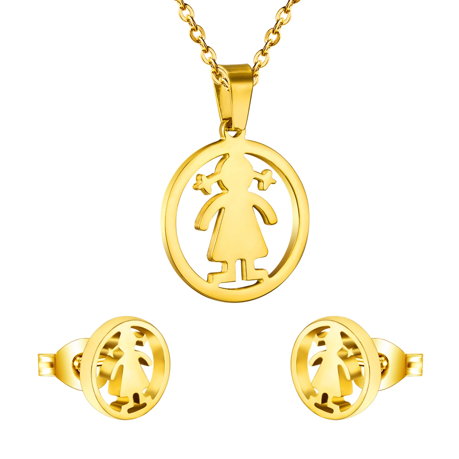 Luxxissids Дубай Африканские Детские ювелирные наборы милая девушка круглый кулон ожерелье серьги из нержавеющей стали комплект ювелирных изделий - Окраска металла: GOLD