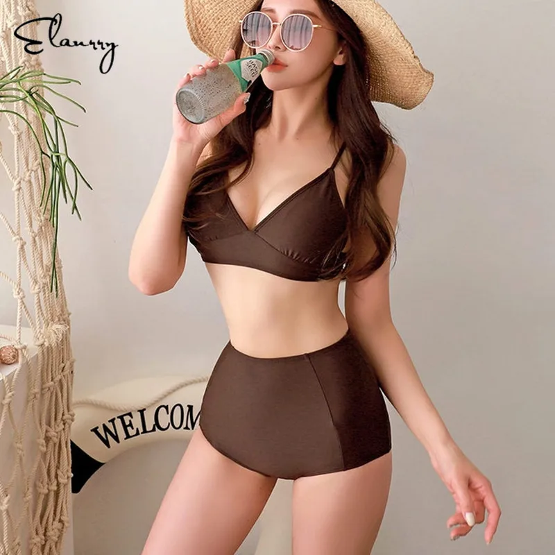 

Women High Waist Bikini Set Solid Padded Swimsuit 2019 Mujer Sexy Gilr Beach Wear Padded Swimming Suits Maillot De Bain Buiquini