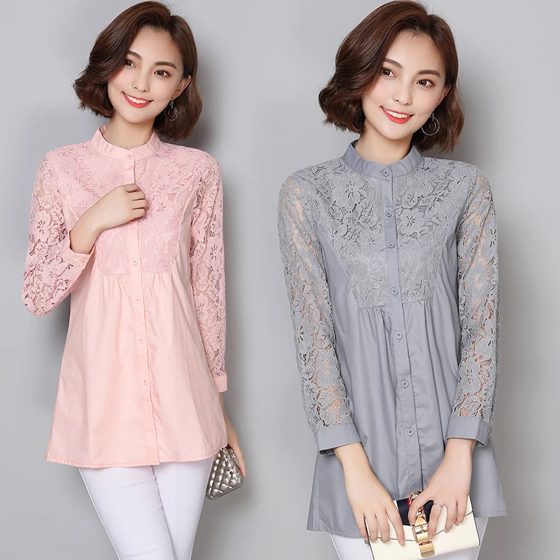 

2019 Autumn Lace Women Shirt Blouse Plus Size M-4XL Slim Long Sleeve Lace Hollow Out Mid-long Shirts Tops Black Pink Lady Blusas