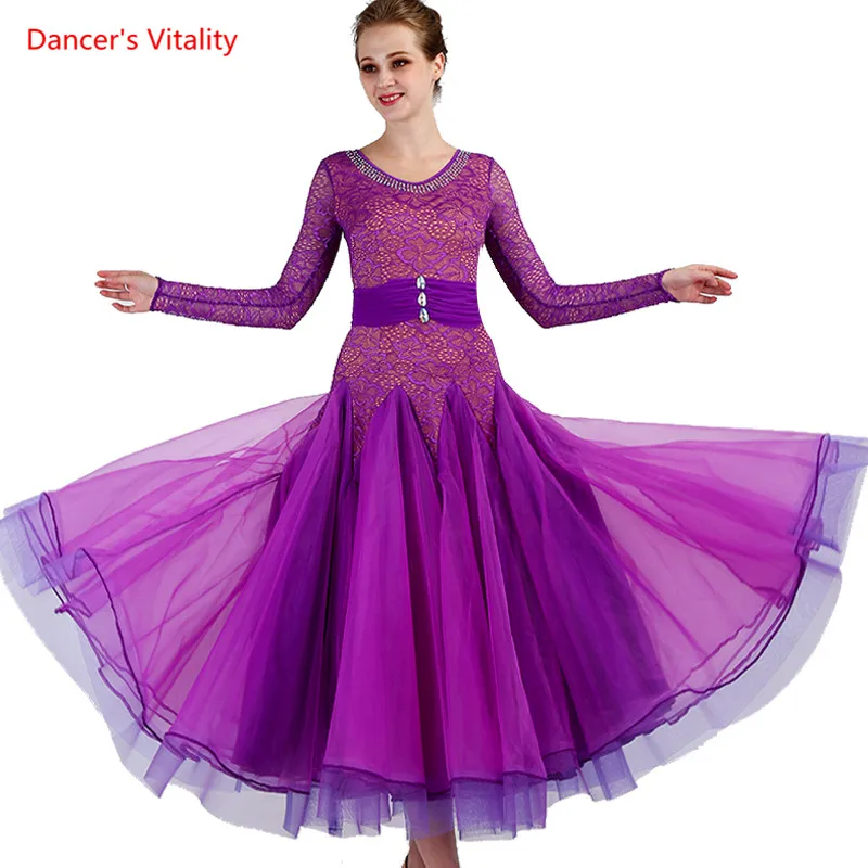 Buy Ladies Ballroom Dance Dress Sexy Lace Long Sleeves Big Swing Dresses For