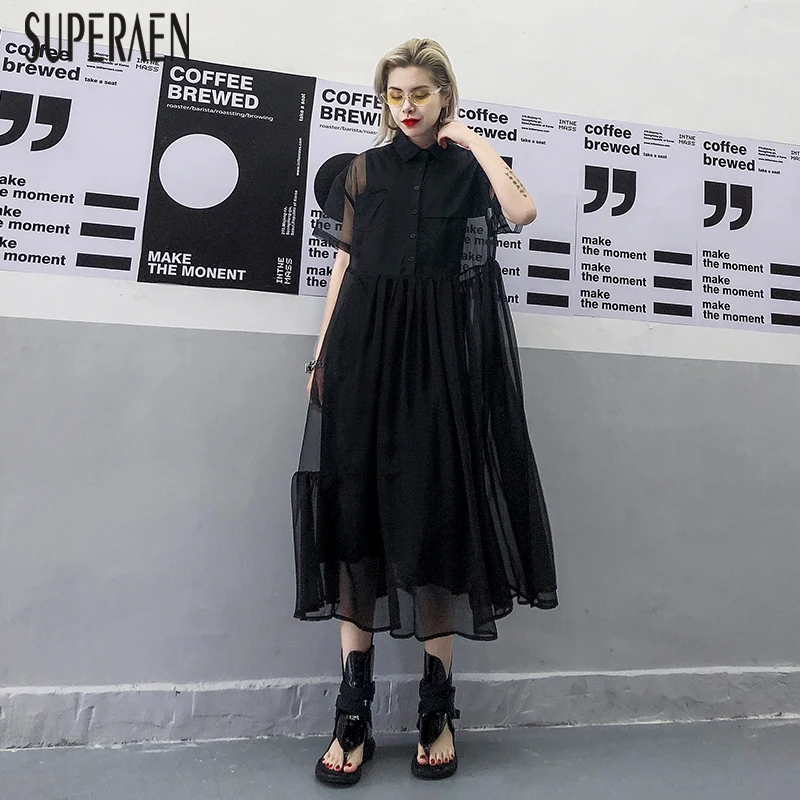 

SuperAen 2019 Summer New Two-piece Dress Women Short-sleeved Wild Casual Dress Female Mesh Loose Pluz Size Fashion Dresses