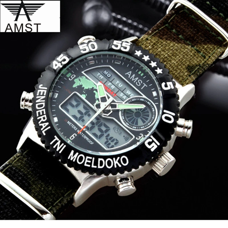 

New AMST Mens Watches Luxury Brand Famous Military Sport Watch LED Digital Quartz Men Clock Dual Display Wristwatches AM3004