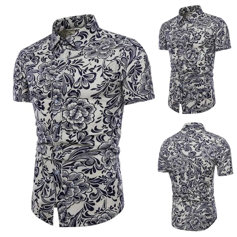 Новая летняя мужская рубашка с цветочным рисунком короткий рукав Цветы Чехол с принтами воротник повседневные рубашки плюс размер M-5XL FDM