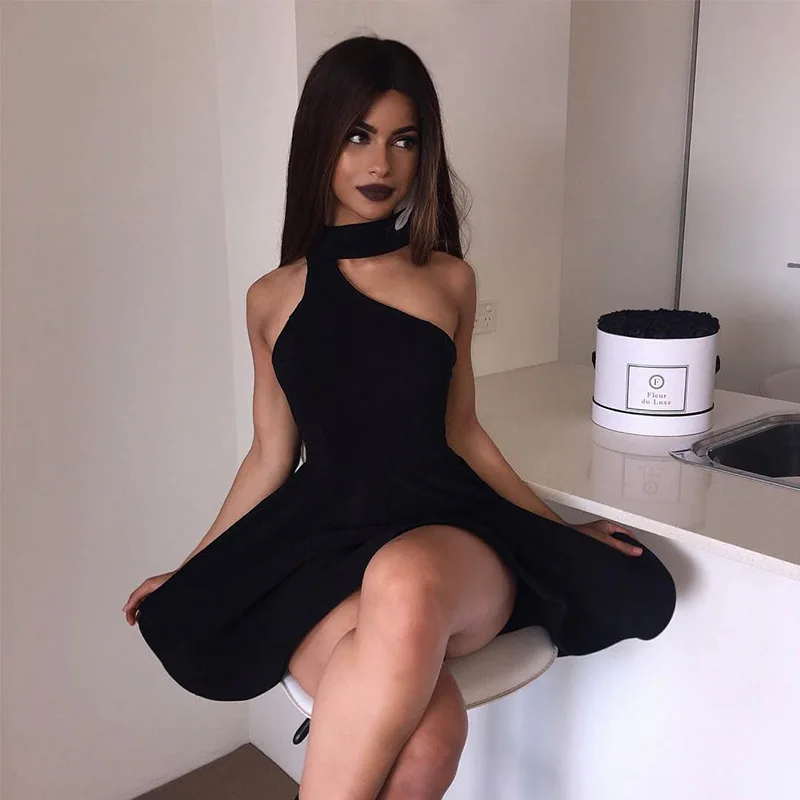 

SKMY Women Summer Black White Hollow out Cotton halter sexy Dress 2019 New Fashion Spring solid Party Dresses