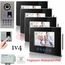 1v4 Smart Home Touch Key 7″ Indoor Unit Video Door Phone Intercom System+Fingerprint/Code Unlock Outdoor Unit Waterproof(IP65)