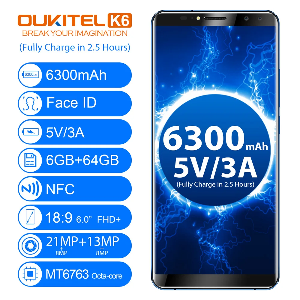 Oukitel K6 Уход за кожей лица ID 6300 мАч 4 г смартфон 6.0 &quot18:9 FHD + Android 7.1 mtk6763 Восьмиядерный