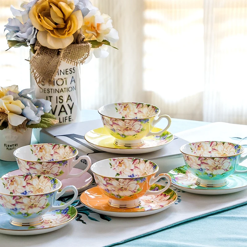 

210ml 5 Color European Bone China Coffee Cup English Afternoon Tea Cup Set WIith Tray Ceramic Creative Nordic Style Wedding Gift