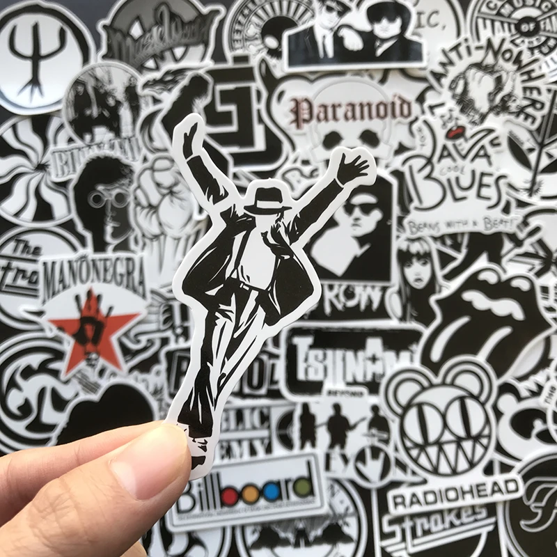 50 قطعة بارد أسود وايت روك ملصقات الموسيقى الرجعية الفرقة ملصق لحزمة DIY لوح التزلج الأمتعة محمول سيارة دراجة نارية الشارات هدية