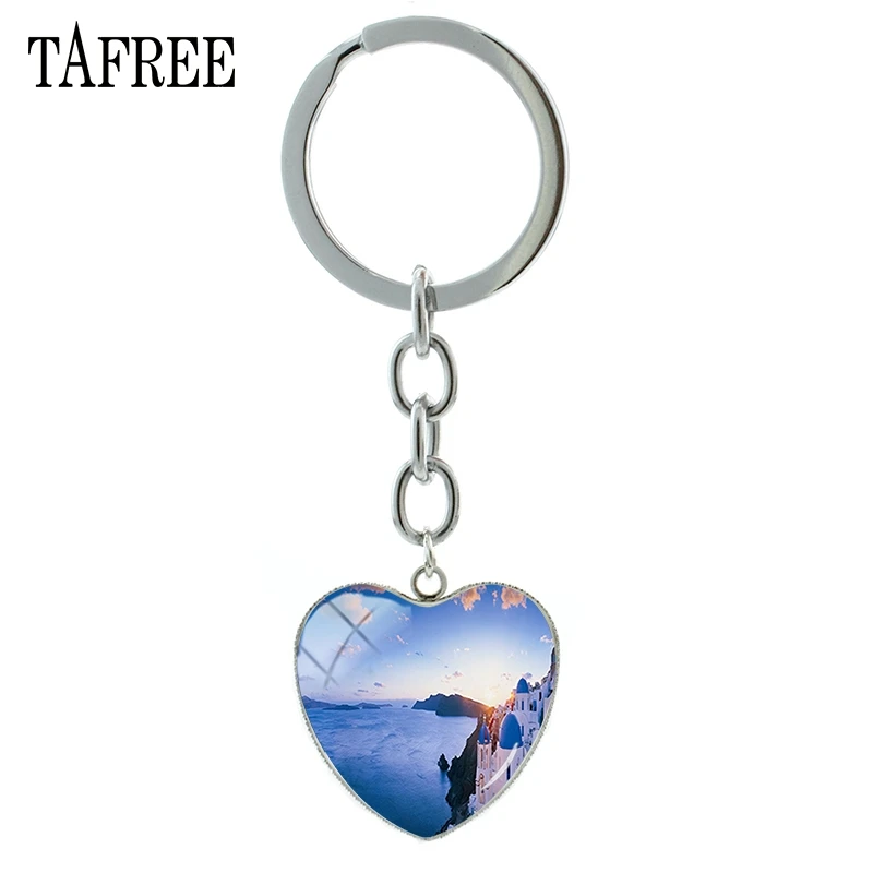 

TAFREE Santorini Island View Keychains Marvel Wonderland Picture Heart Pendant Key Chain man women Glass Pendant Jewelry FA405